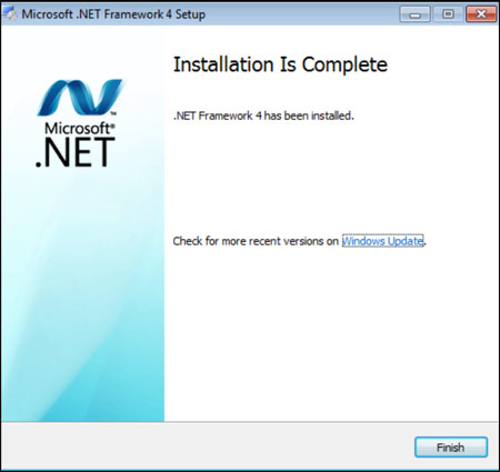 Сообщение об успешной установке .NET Framework 4.0.