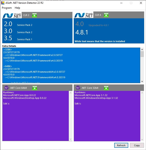 Информация по .NET Framework в утилите Version Detector