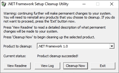Сообщение об успешной деинсталляции выбранной версии .NET Framework