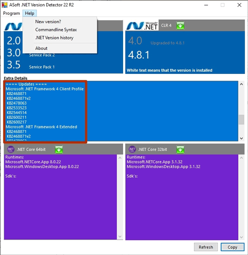 Список выполненных обновлений .NET Framework в Version Detector.