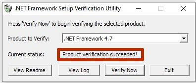Сообщение об успешном завершении тестирования выбранной версии .NET Framework